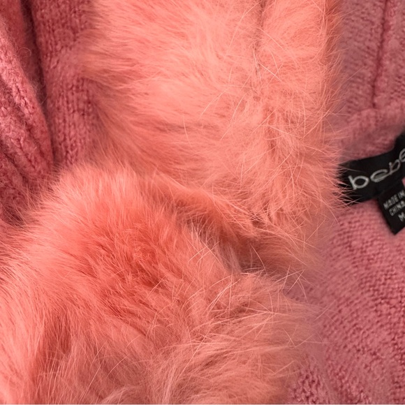Bebe Pom Pom angora rabbit fur trim hood zip up sweater hoodie pink coral y2k - Picture 14 of 15